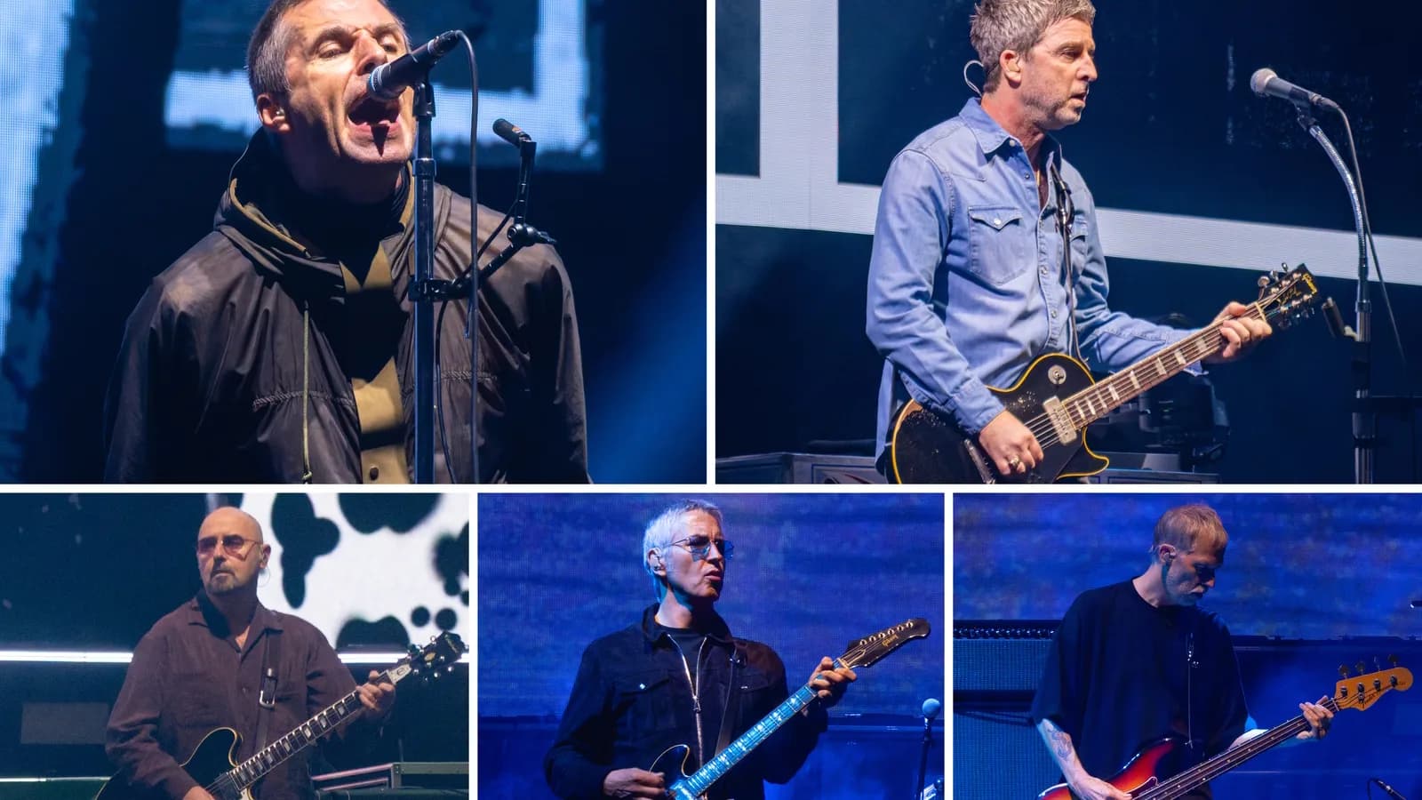 Colagem com Liam Gallagher, Noel Gallagher e o restante do Oasis tocando no Principality Stadium, em Cardiff, na turnê Live 25