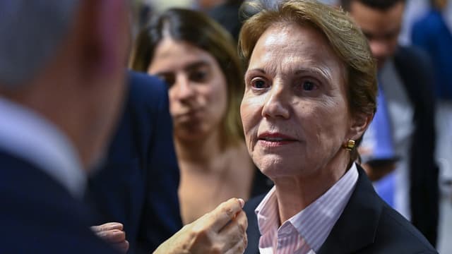 A senadora Tereza Cristina, de terno escuro e camisa listrada, fala a jornalistas com um microfone em primeiro plano durante entrevista no Senado Federal