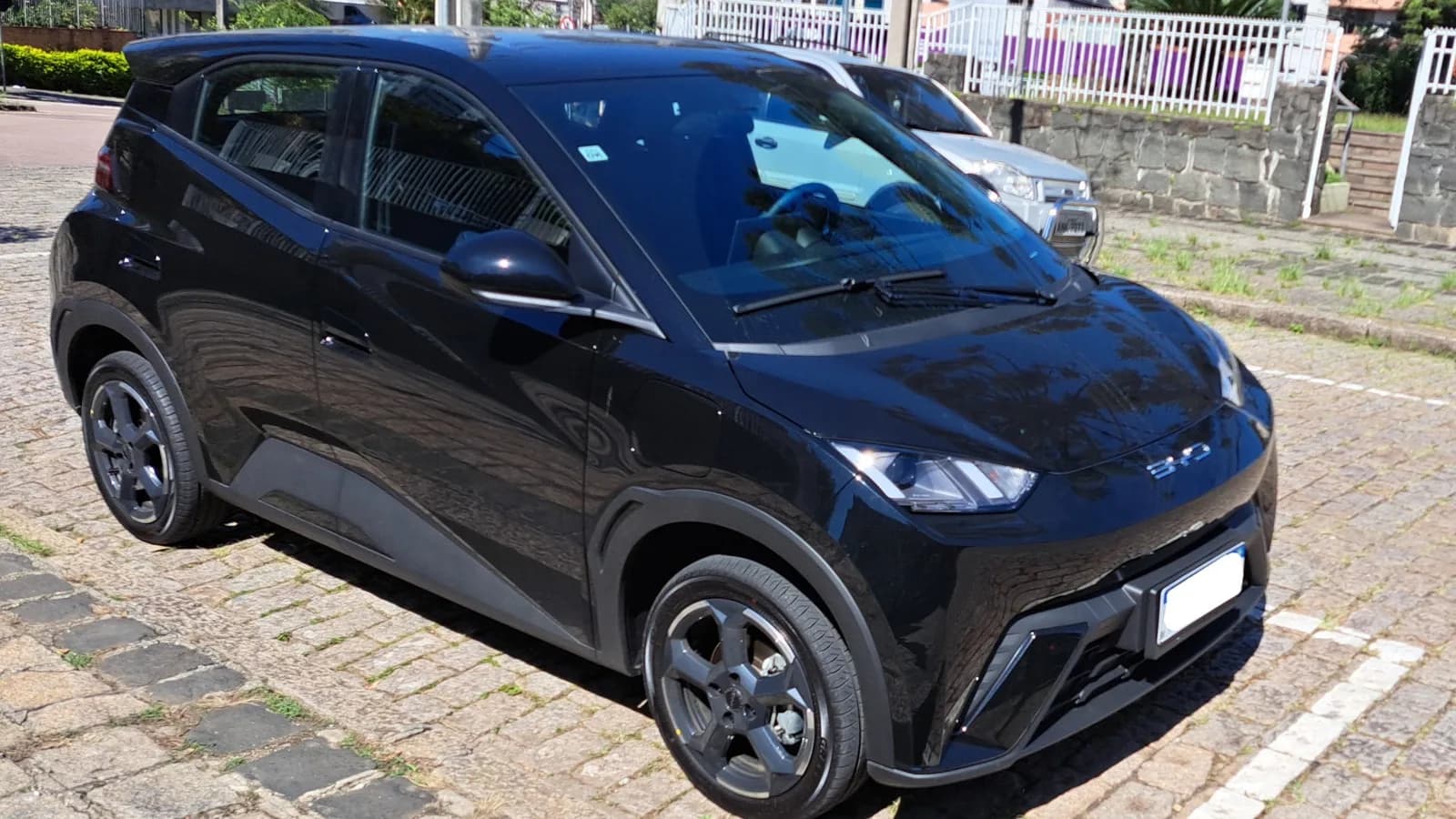 BYD Dolphin Mini preto estacionado em rua de cidade brasileira