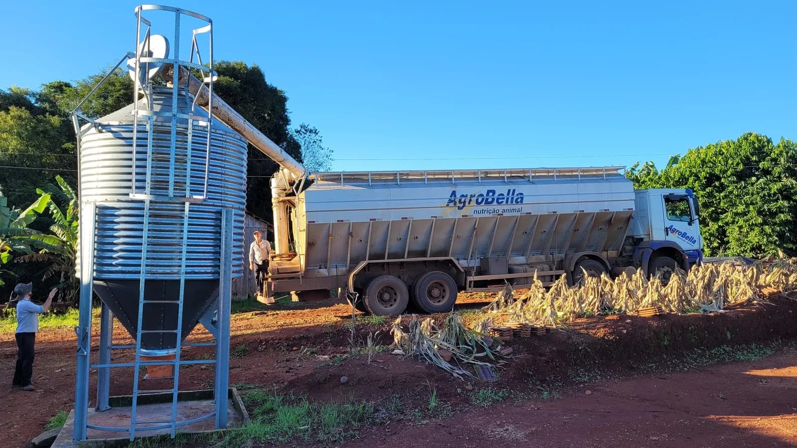 Caminhão entrega ração em silo vertical de propriedade rural para confinamento de gado