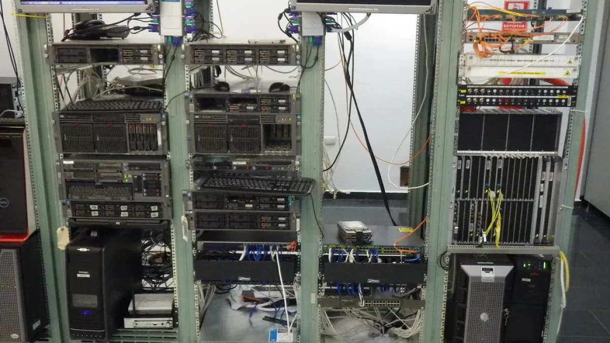 Rack de servidores de data center com cabos conectados