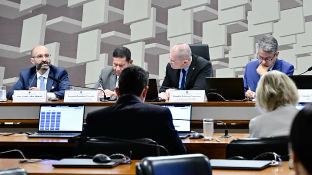 João Carlos Falbo Mansur fala ao microfone em audiência no Senado, com placa de identificação à sua frente