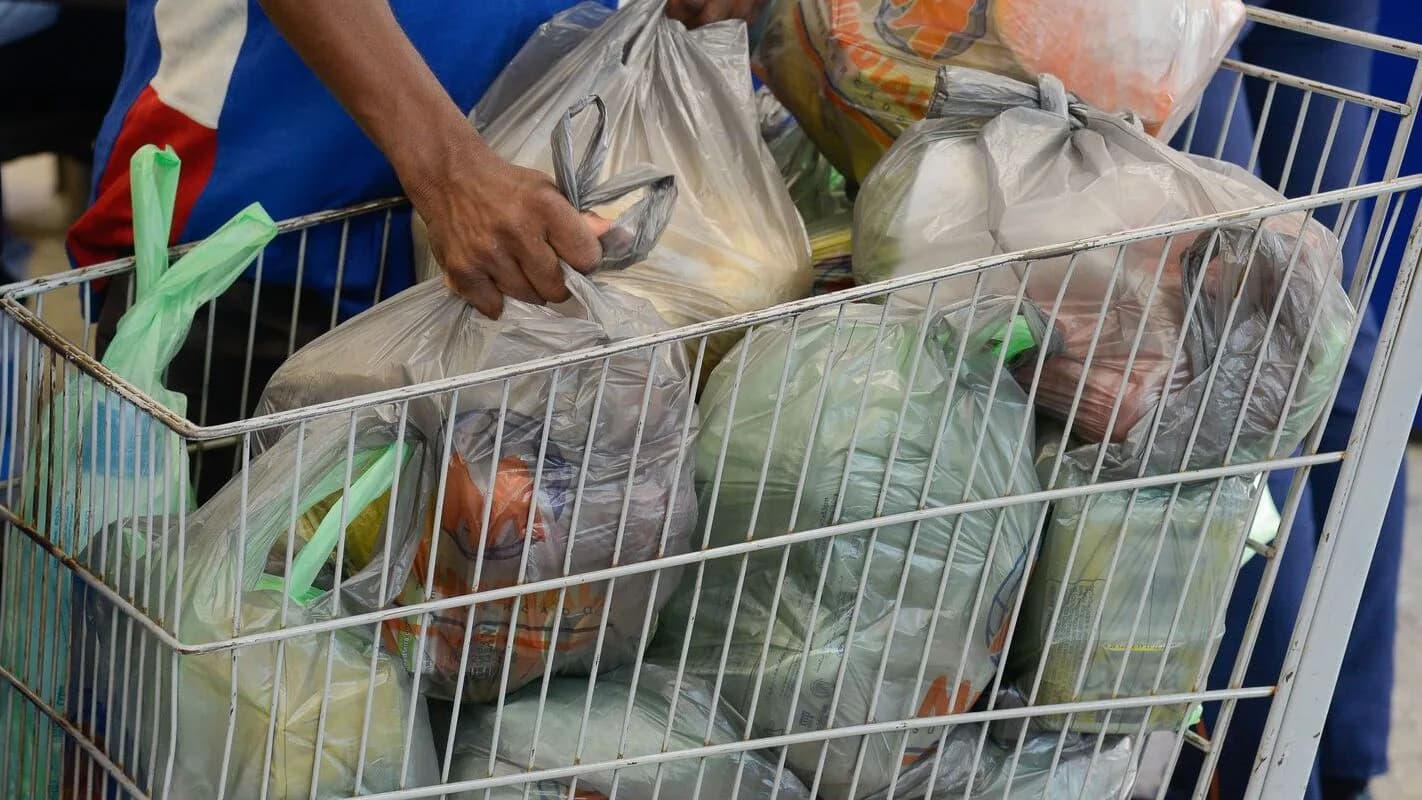 Pessoa coloca sacolas de compras de alimentos em carrinho de supermercado