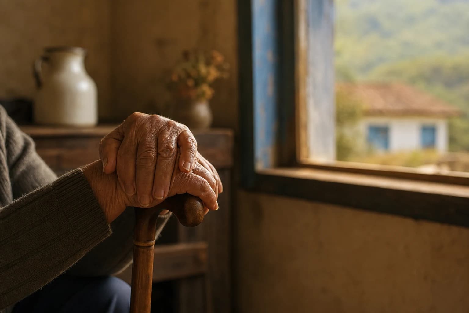 Mãos enrugadas de um idoso apoiadas em uma bengala de madeira, à luz suave da tarde, em cena que remete à memória e à longevidade — homenagem a Levino da Costa de Jesus, morto aos 119 anos em Pará de Minas (MG)