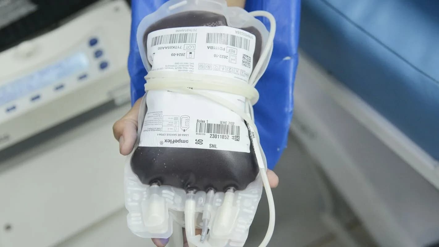 Bolsa de sangue em equipamento hospitalar, usada como foto de contexto sobre transfusão