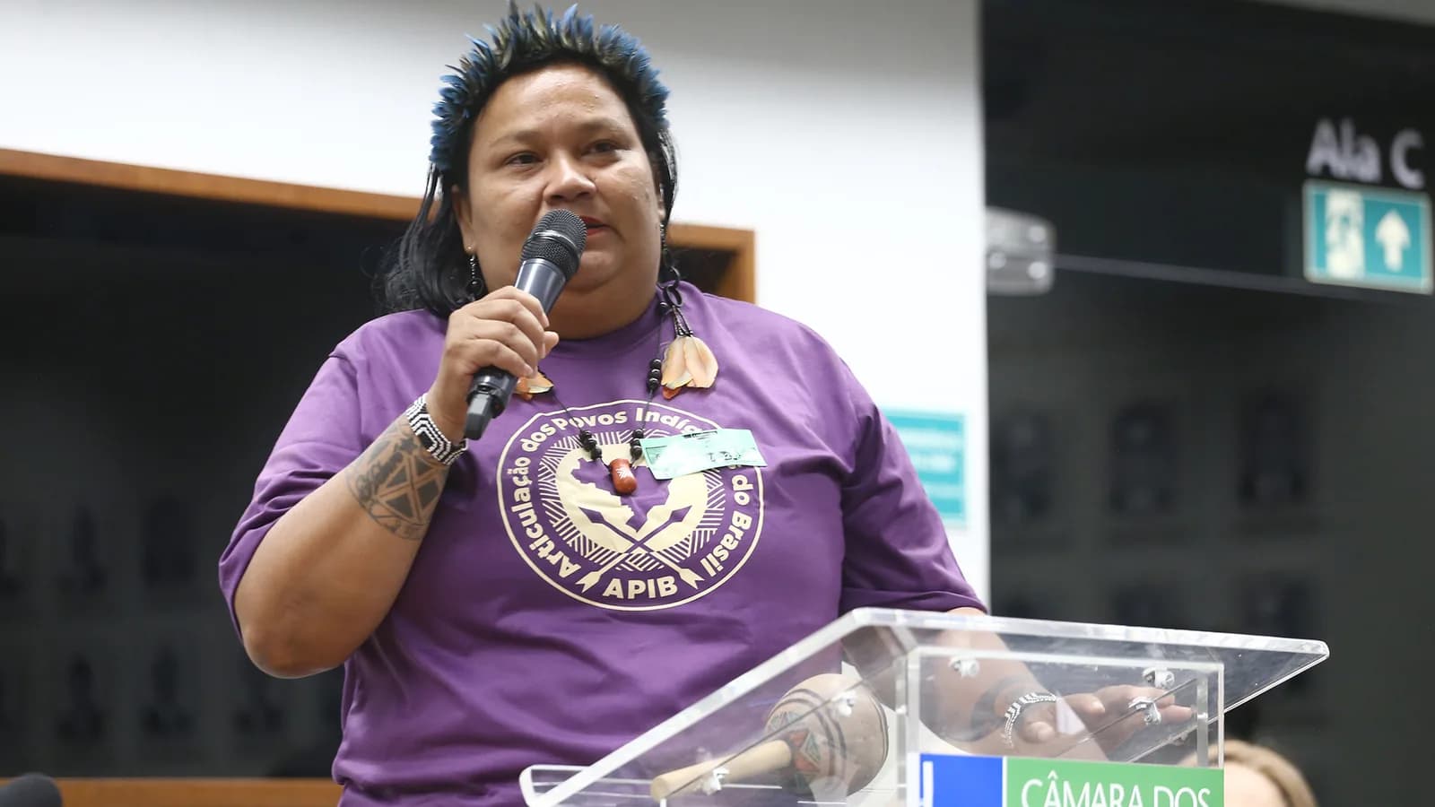 Representante do povo Terena da APIB discursa em microfone durante audiência na Câmara dos Deputados
