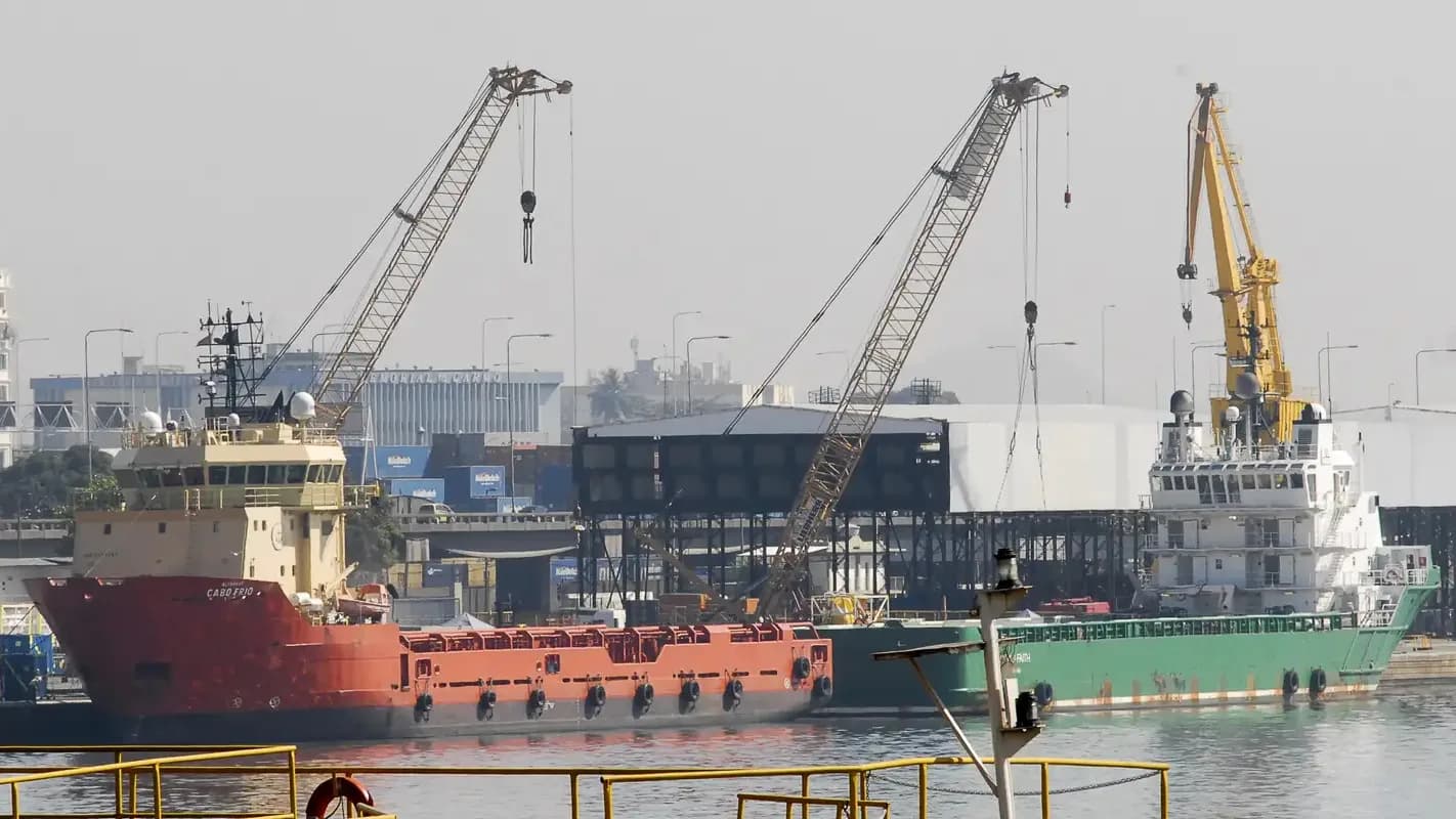 Navio de carga e guindastes no Porto de Santos, usado para exportação agrícola