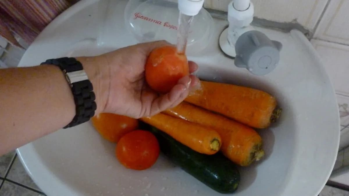 Mãos lavando tomates, cenouras e abobrinha frescos em uma pia