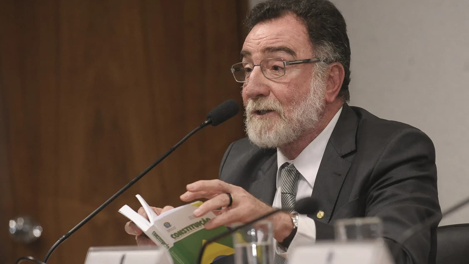 Patrus Ananias fala ao microfone segurando um exemplar da Constituição