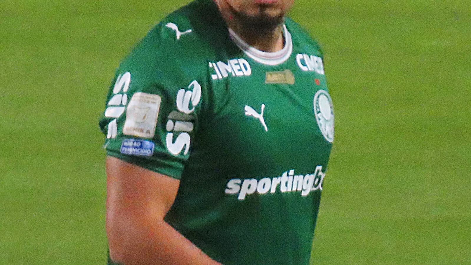Jogador do Palmeiras em campo durante partida, de uniforme verde