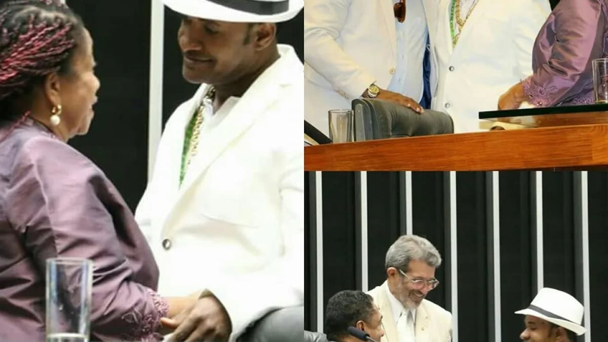 Netinho de Paula em evento sobre intolerância religiosa, ao lado de Aritana de Oxóssi e Luislinda Valois