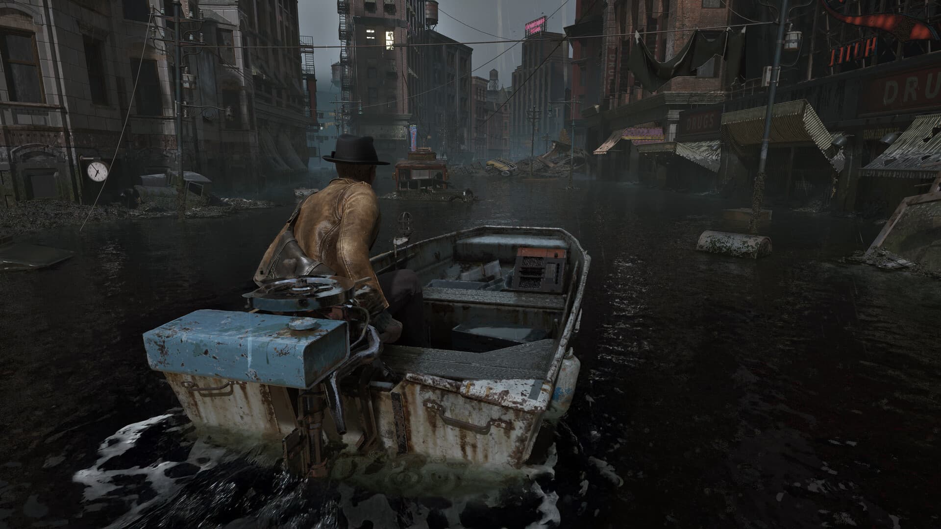 Cena do jogo The Sinking City 2, com o protagonista navegando pela cidade inundada de Arkham