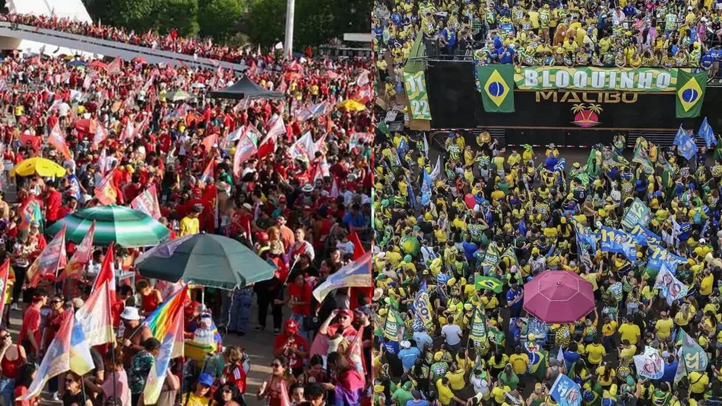Imagem dividida mostra multidão vermelha em ato de Lula e multidão em amarelo e verde em ato de Flávio Bolsonaro, em Brasília