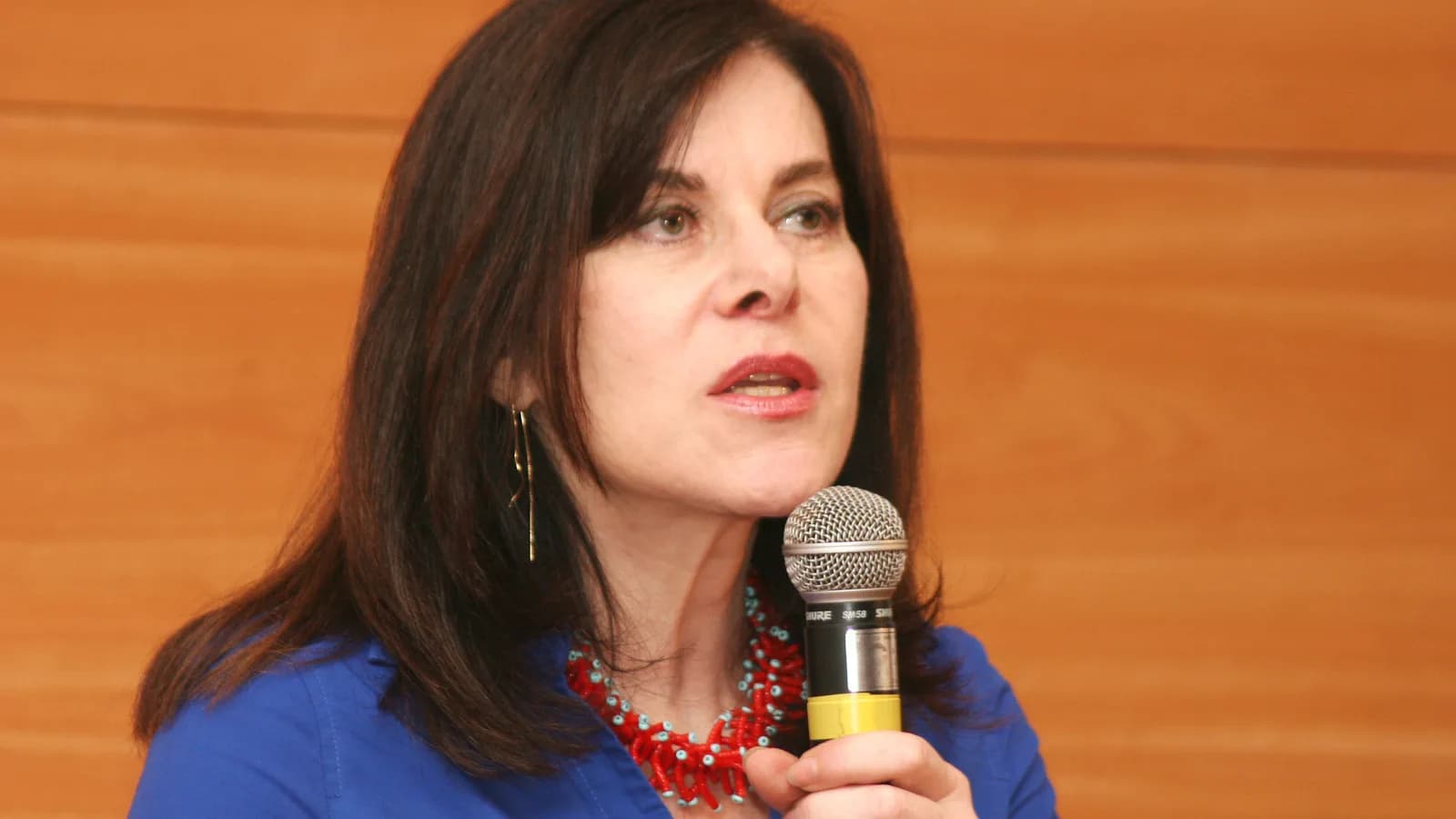 A geneticista Mayana Zatz fala ao microfone durante evento