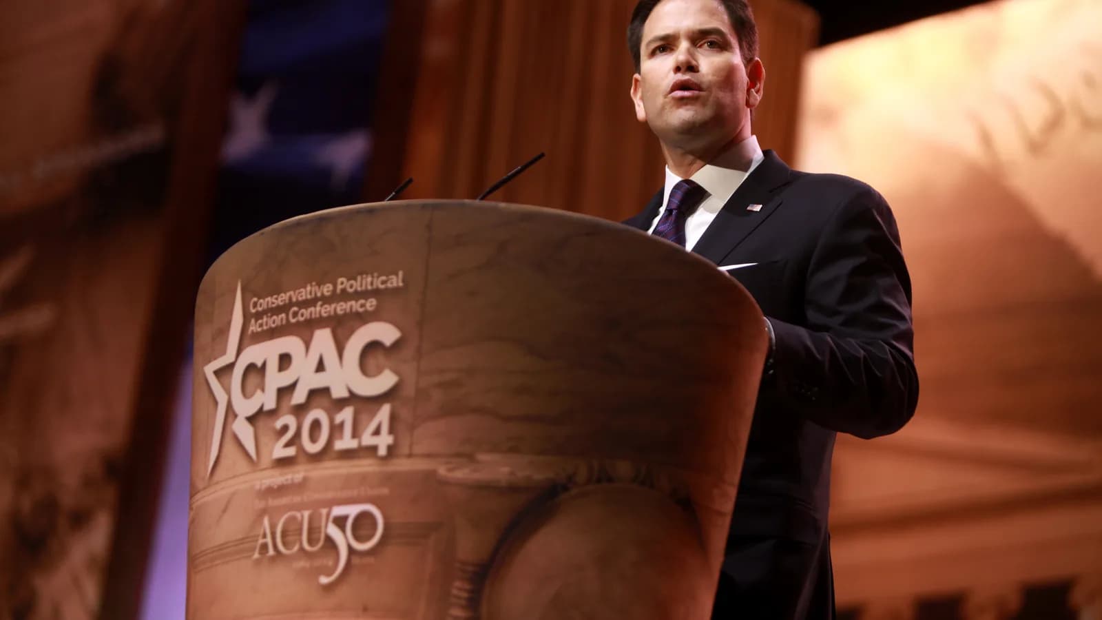 Marco Rubio, secretário de Estado dos Estados Unidos, discursa em evento público
