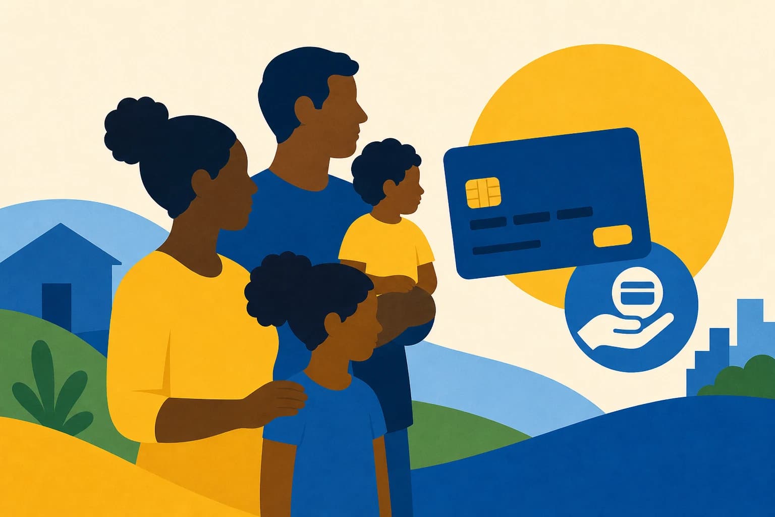 Ilustração: família com cartão de pagamento do Bolsa Família — Assuntos: Bolsa Família, benefício social, pagamento