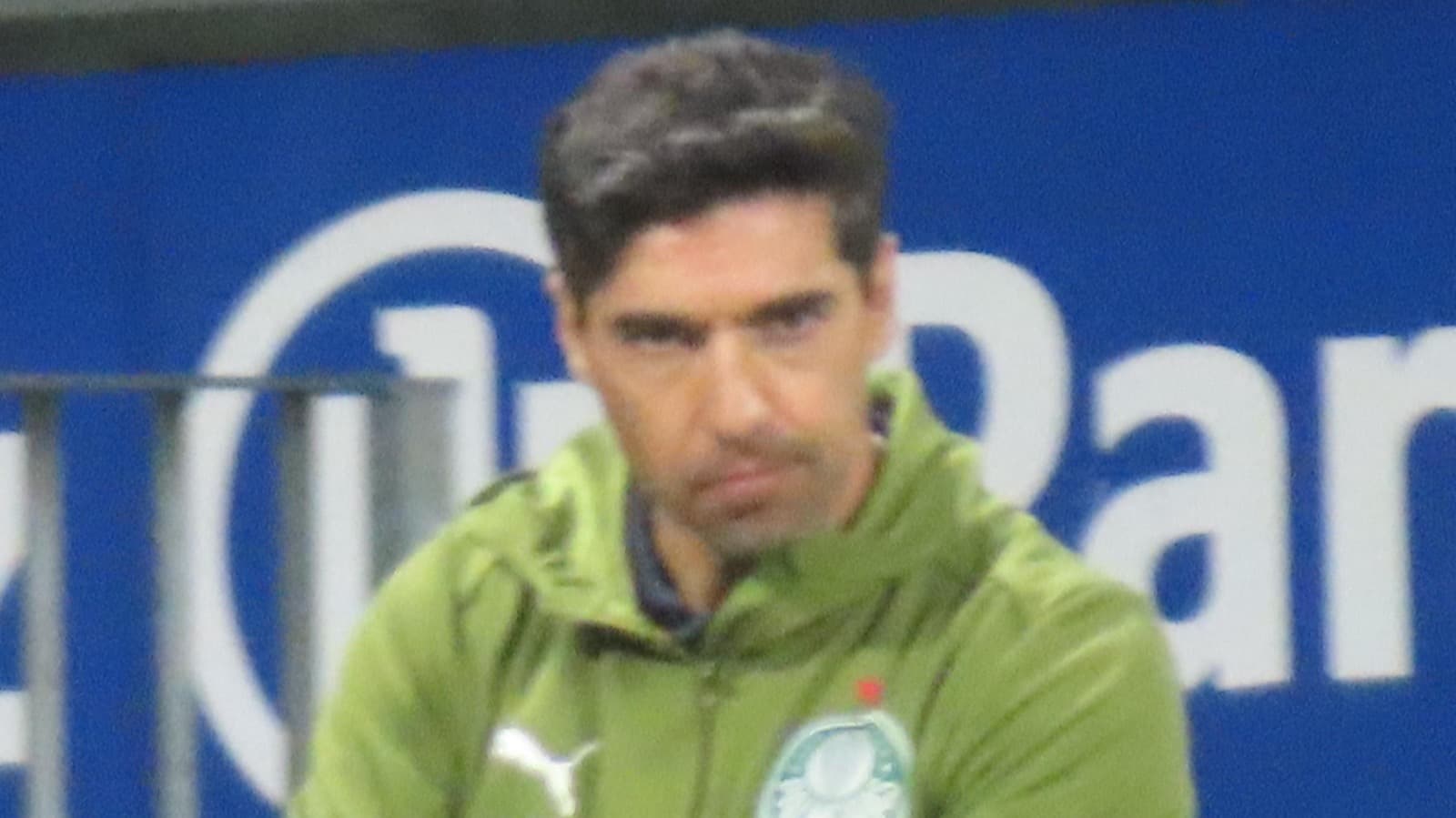 Abel Ferreira, técnico do Palmeiras, de braços cruzados à beira do campo, em foto de arquivo