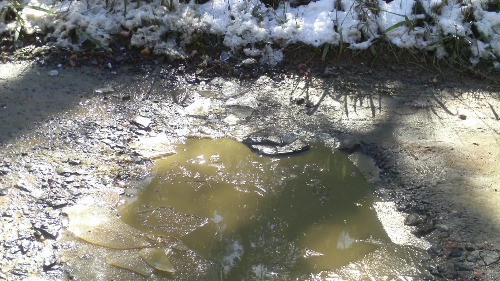 Neve derretendo em poça de gelo às margens de estrada de terra, com vegetação coberta de neve ao fundo