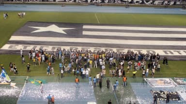 Torcida e jogadores do Botafogo reunidos no gramado do Estádio Nilton Santos em evento comemorativo