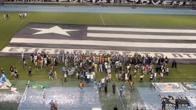 Torcida e jogadores do Botafogo reunidos no gramado do Estádio Nilton Santos em evento comemorativo