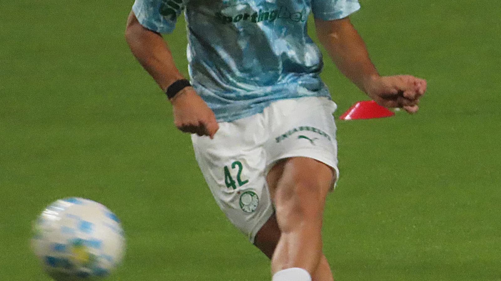 Flaco López, atacante do Palmeiras, chuta a bola em partida