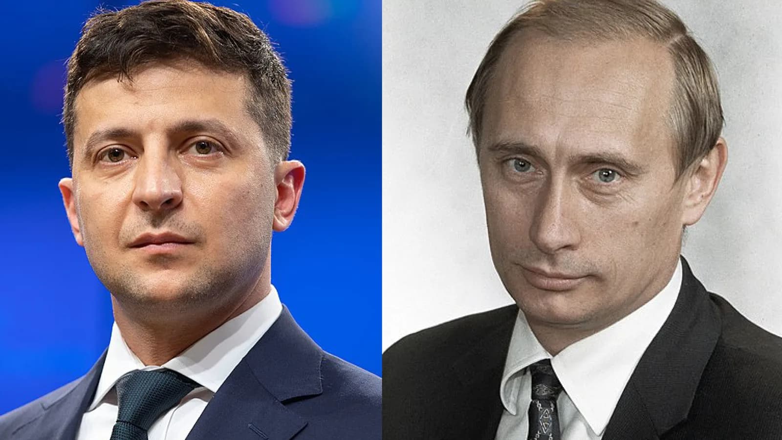 Retratos lado a lado dos presidentes Vladimir Putin, da Rússia, e Volodymyr Zelensky, da Ucrânia