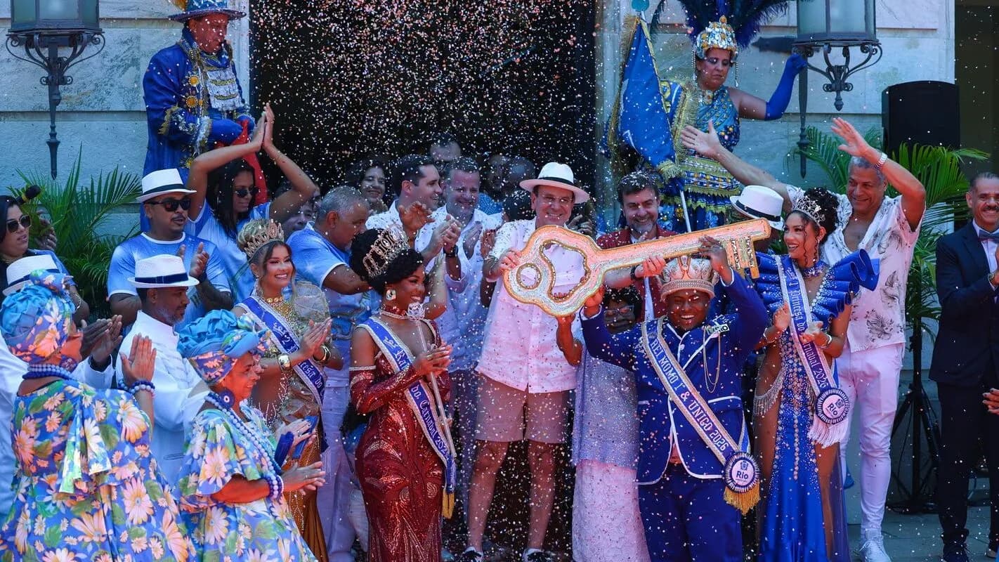 Rei Momo e sua Corte recebem a chave da cidade em cerimônia do Carnaval do Rio (foto de arquivo, 2026)