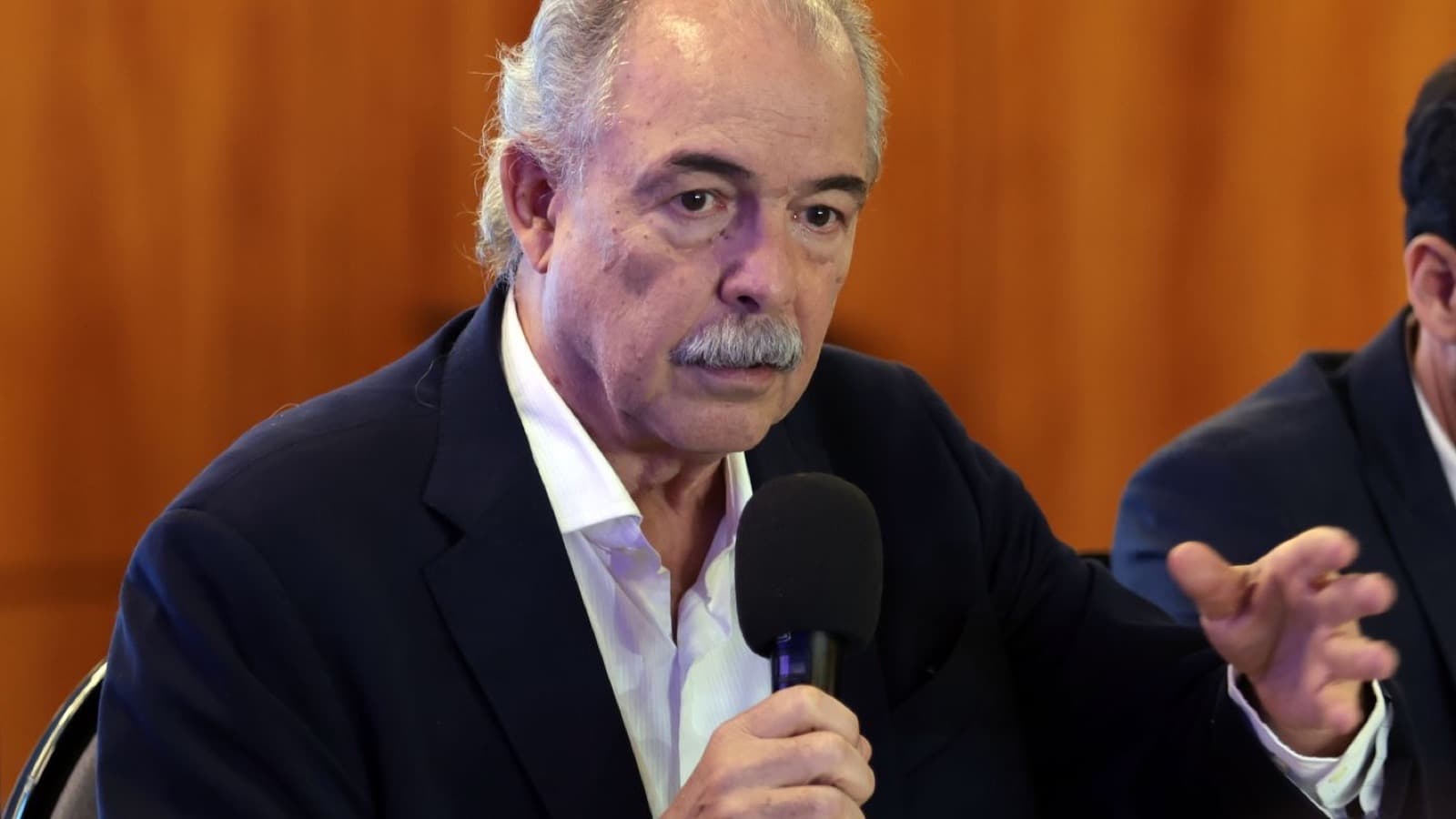Foto de arquivo do presidente do BNDES, Aloizio Mercadante, falando ao microfone durante coletiva de imprensa
