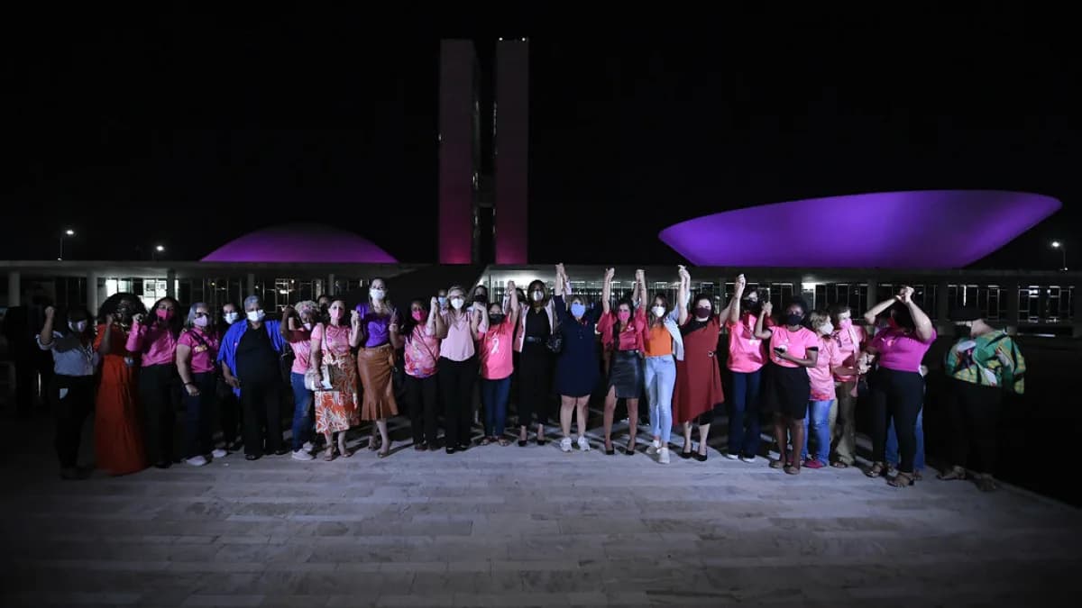 Grupo de pessoas reunido em evento de conscientização do Outubro Rosa, com as cúpulas do Congresso Nacional iluminadas de rosa ao fundo