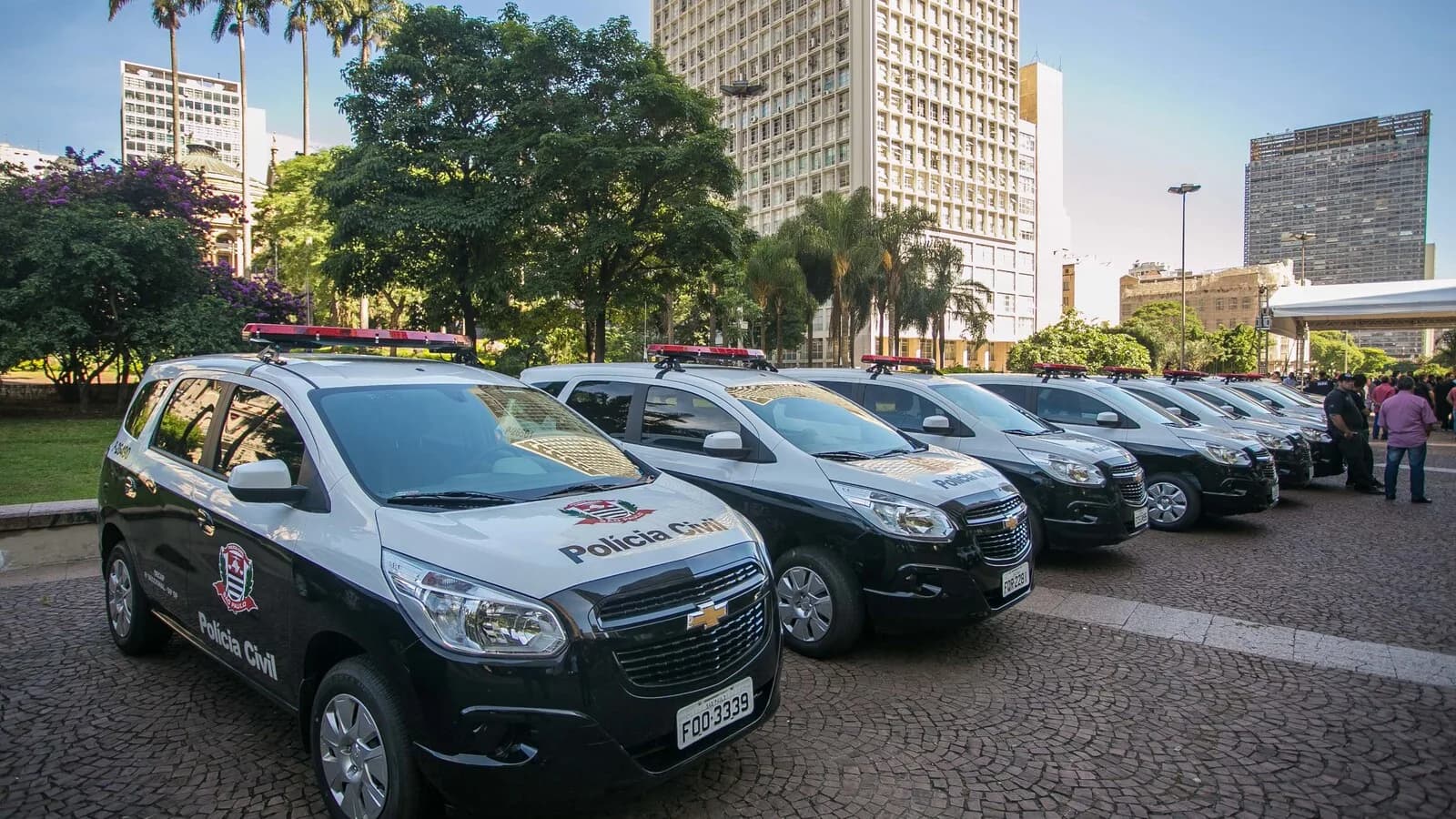 Viaturas da Polícia Civil de São Paulo enfileiradas em via pública