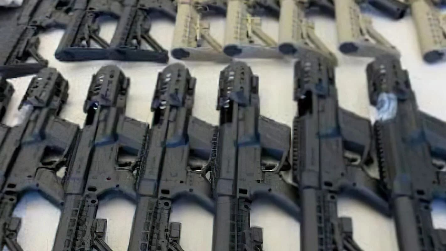 Fuzis apreendidos enfileirados em operação da Polícia Federal contra tráfico internacional de armas