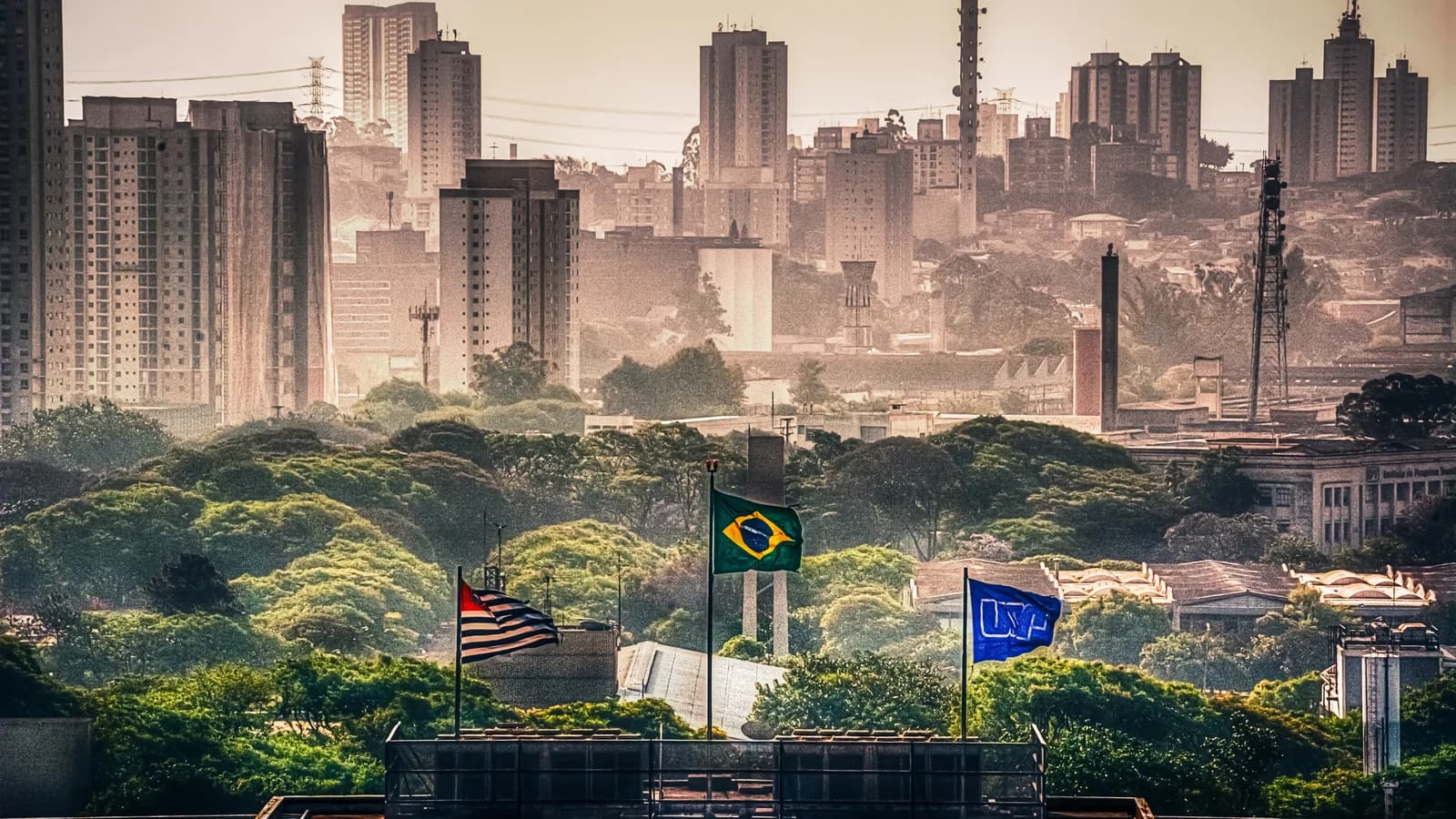 Bandeiras hasteadas em frente ao prédio da antiga Reitoria da USP, em São Paulo