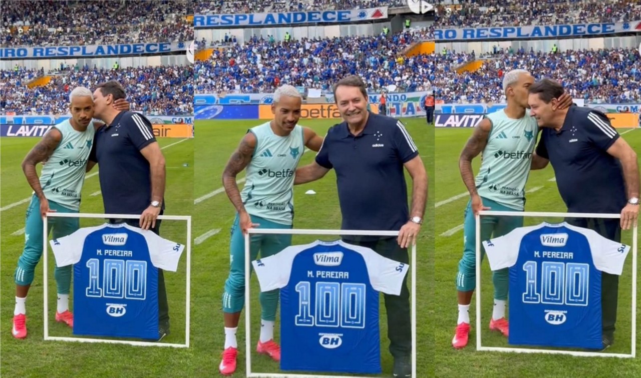 Matheus Pereira celebra 100 jogos pelo Cruzeiro e recebe camisa especial de Pedrinho