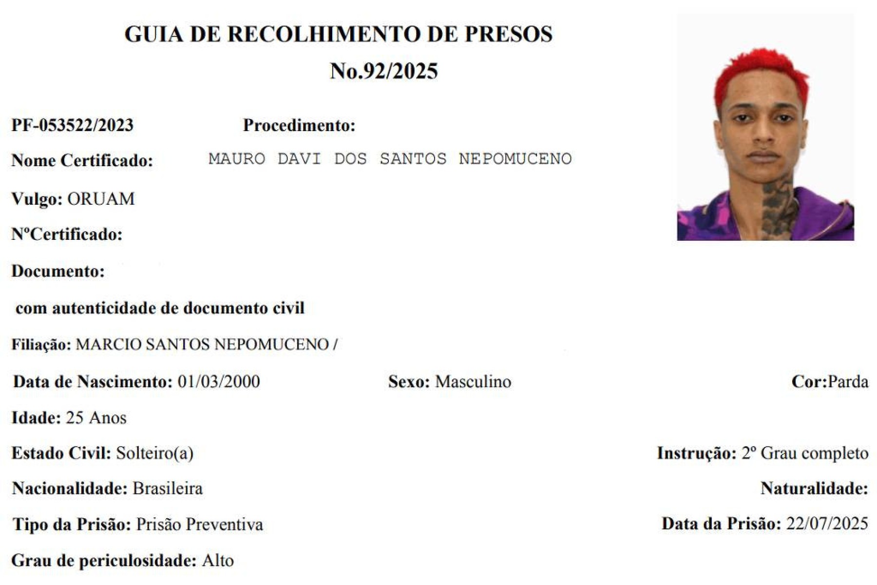 Oruam é classificado com alto grau de periculosidade ao ingressar no sistema prisional do RJ